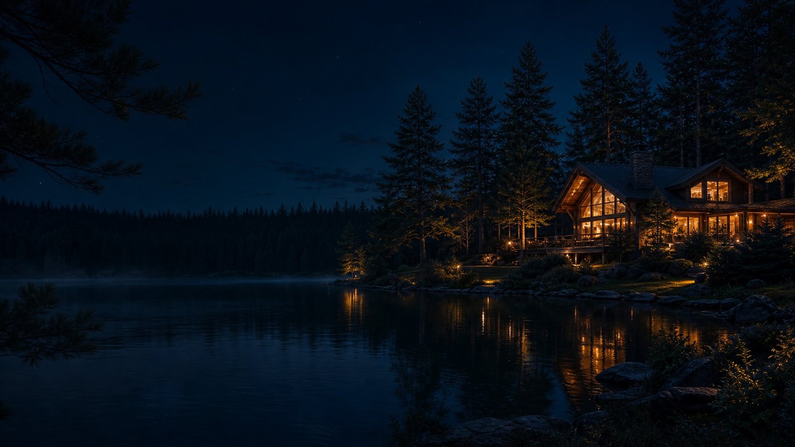 A private forest retreat at night